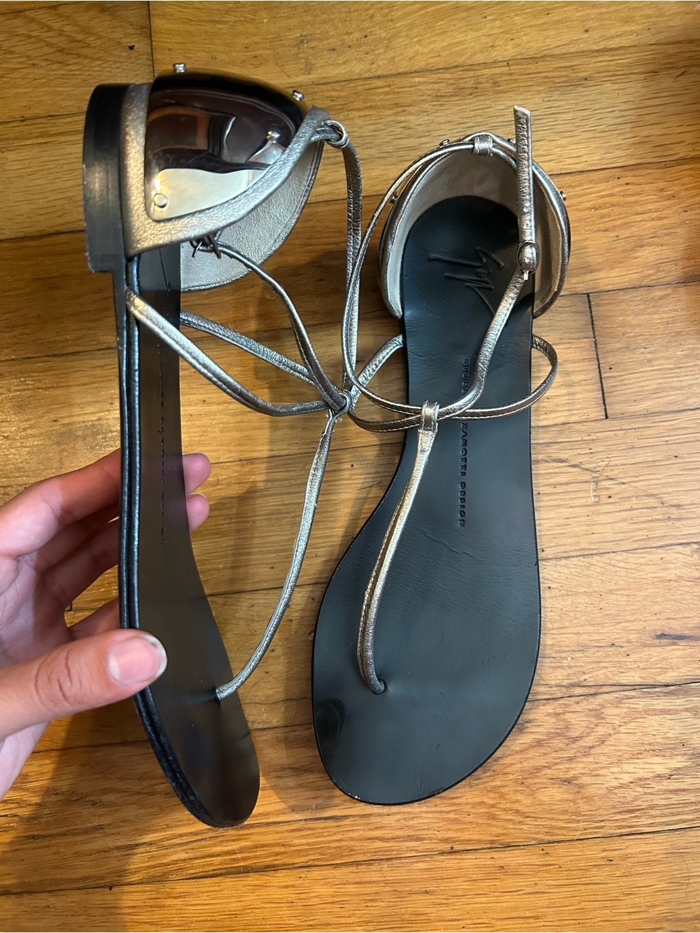 Giuseppe Zanotti Metallic Silver T-Strap Ankle Tie Sandals